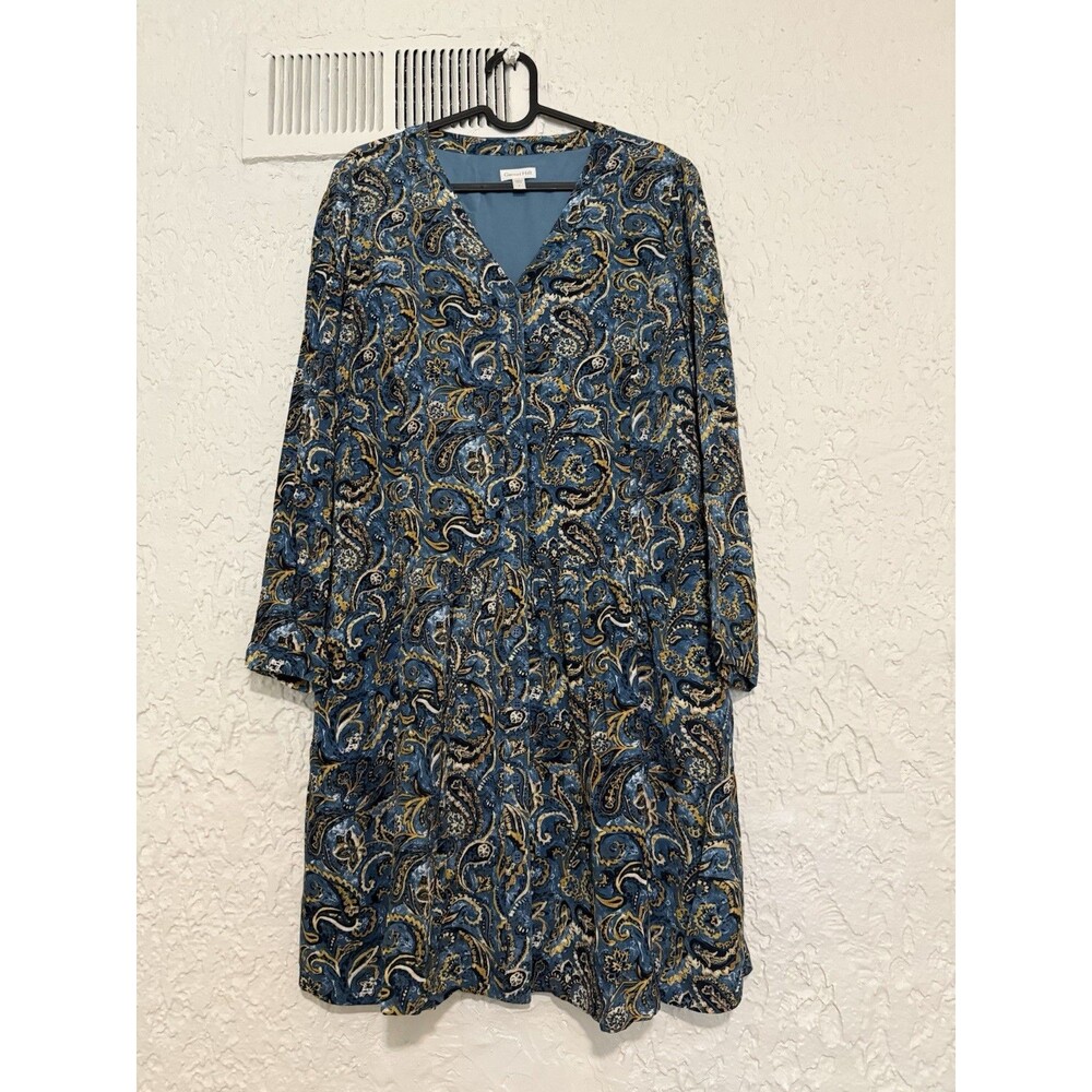 Garnet Hill Drop Waist Button Up Paisley Long Slv Boho Chic Dress Blue SZ 6 NWOT